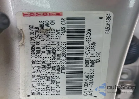 2002 Lexus Es 300 z USA, uszkodzony, nr VIN JTHBF30G120039087